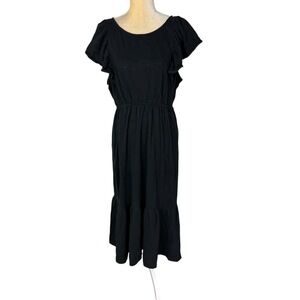 J.Crew Black Ruffle Cap Sleeve Elastic Waist Tiered Stretch Knit Dress XL‎